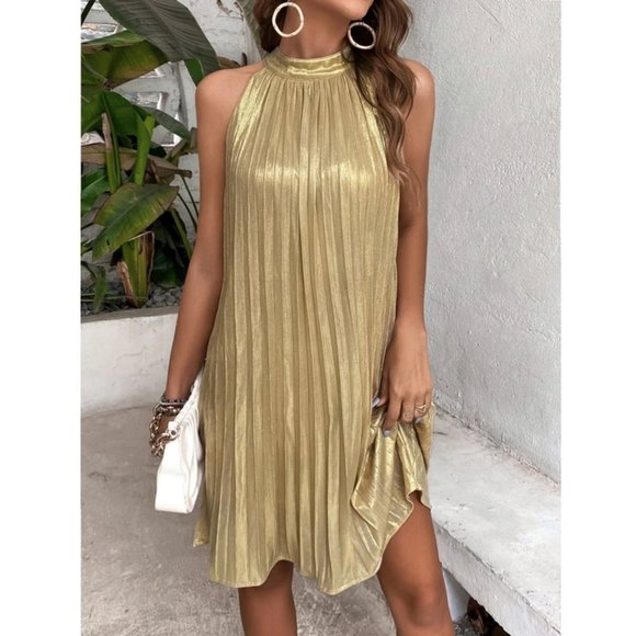 Gold Metallic Pleated Halter Neck tied back Mini Dress - Picture 7 of 7